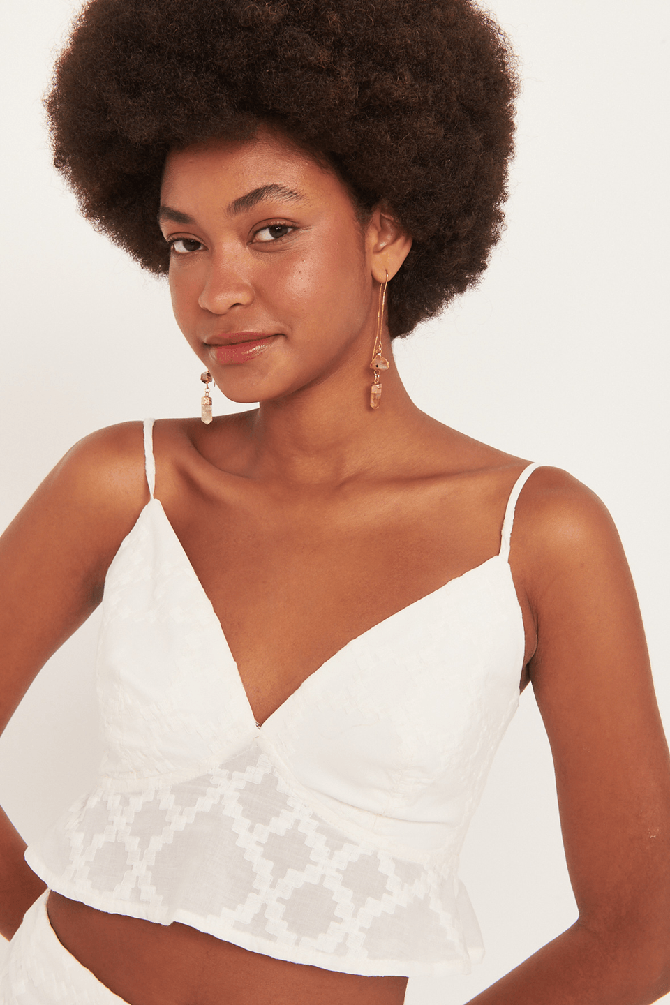 Cropped Francesca  Ii Decote V com Basque Lastex Costas Textura Off White