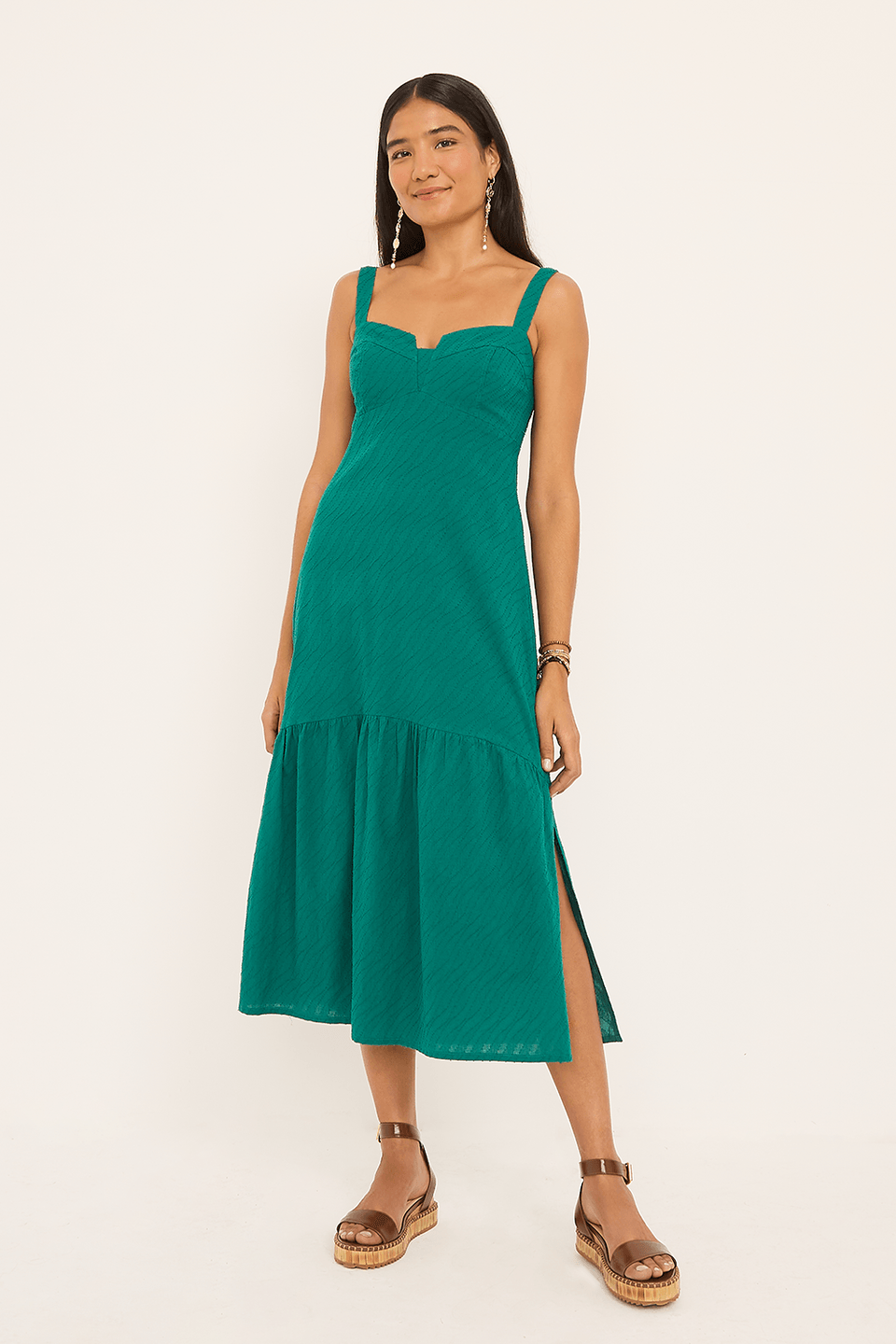 Vestido Ester Midi Busto Recortado Alça Larga