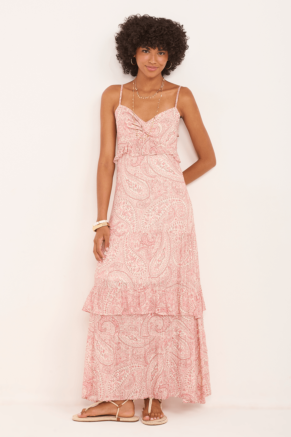 Vestido Rosa Midi Alça Babado